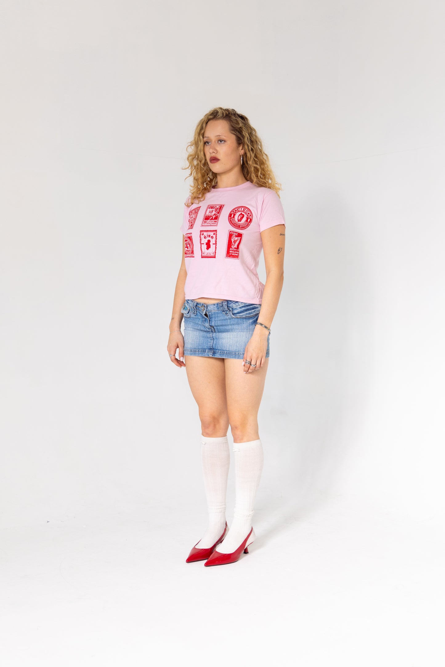 Vintage Stamp Boxy Baby Tee in Baby Pink