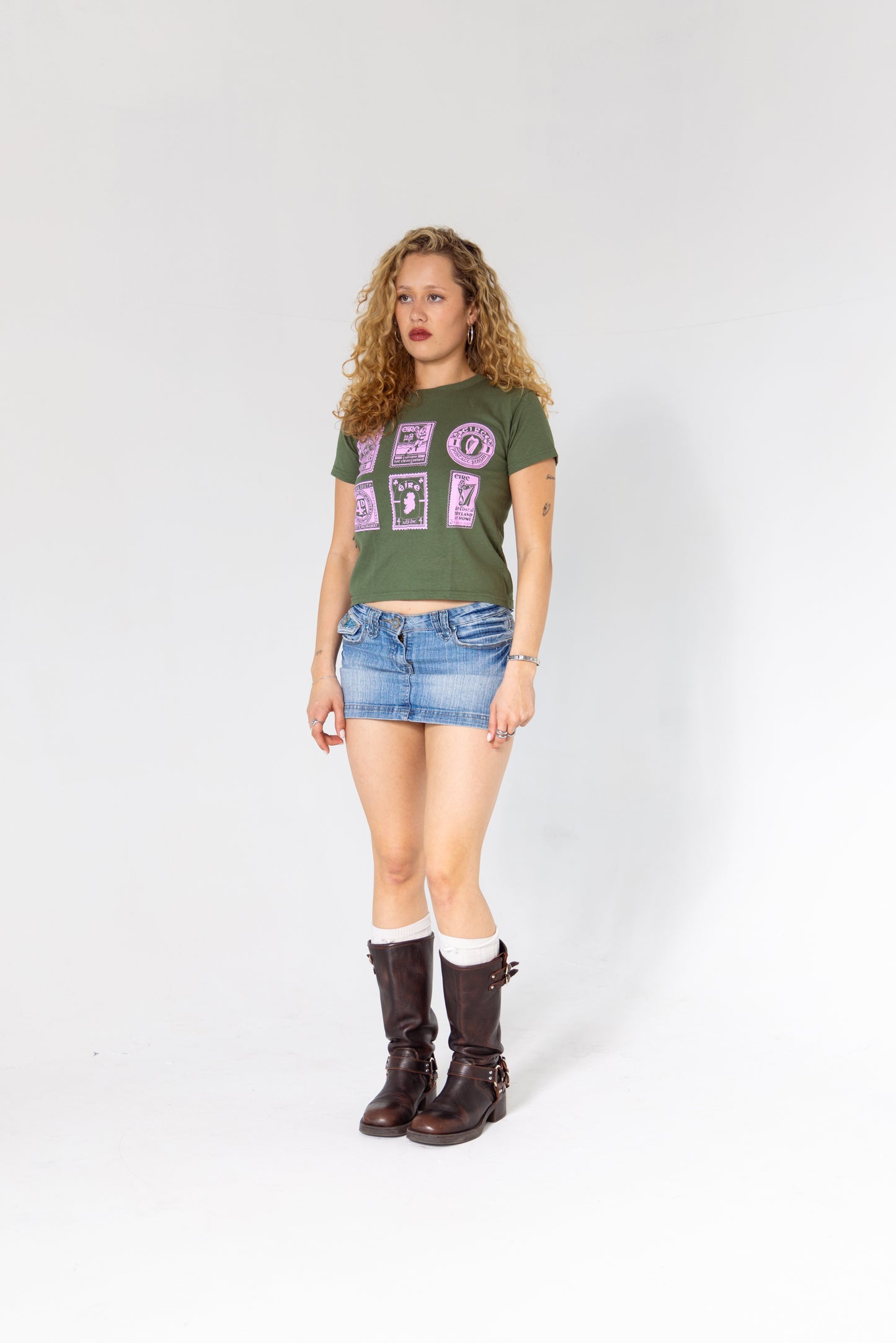 Vintage Stamp Boxy Baby Tee in Military Green