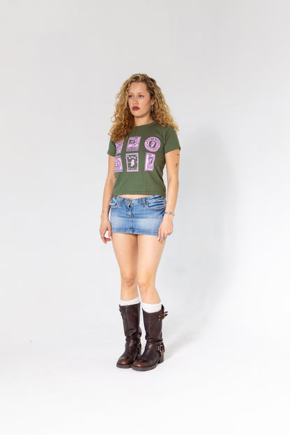Vintage Stamp Boxy Baby Tee in Military Green